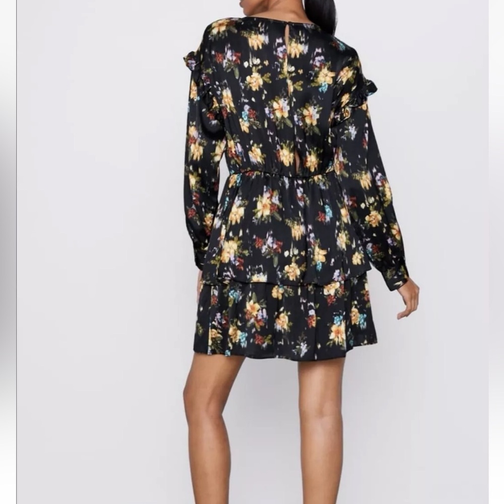 Zara Black Floral Ruffle‎ Mini Long Sleeves Dress Size XS - Picture 2 of 16